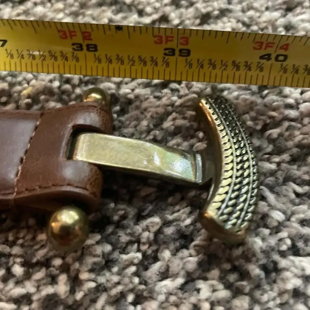 Vintage Style Brown Leather Belt with Antique Gold L-Bar Oval Buckle
